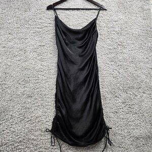 Zara Slip Dress Womens Medium Black Satin Mini Drape Neck Tie Sides